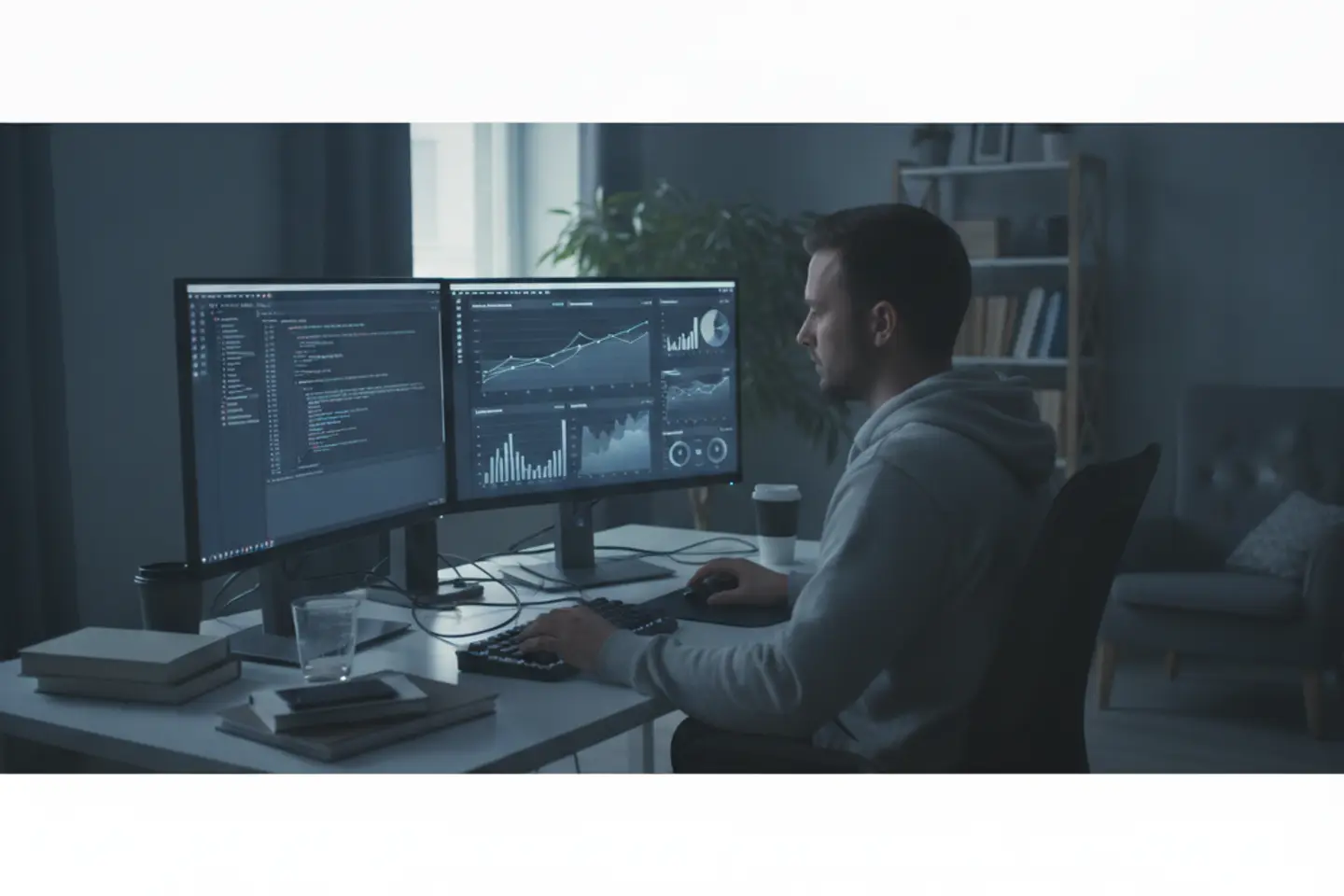 Developer reviewing code and site speed graphs on two monitors